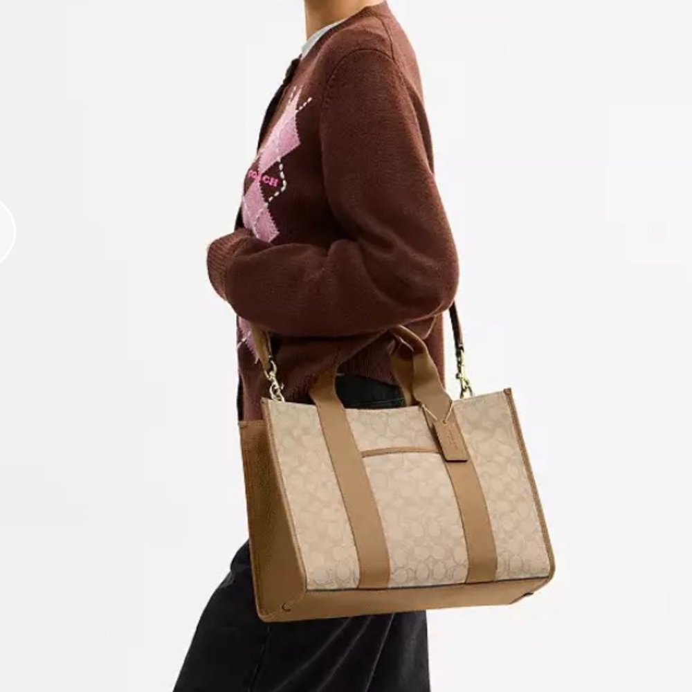 👜COACH LG Smith Tote Bag, Signature Jacquard Pebble Leather, Lt Khaki/Multi/Gold
